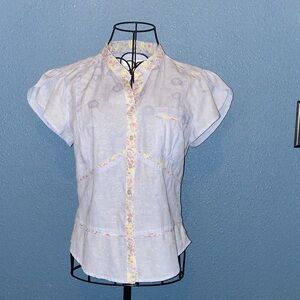 Christopher & Banks Light Blue Short Sleeve Blouse with Floral Trim